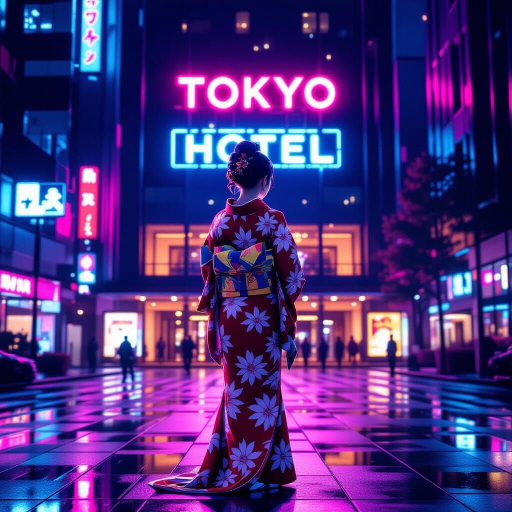 Kimono Woman in Neon Tokyo: Futuristic Aesthetic