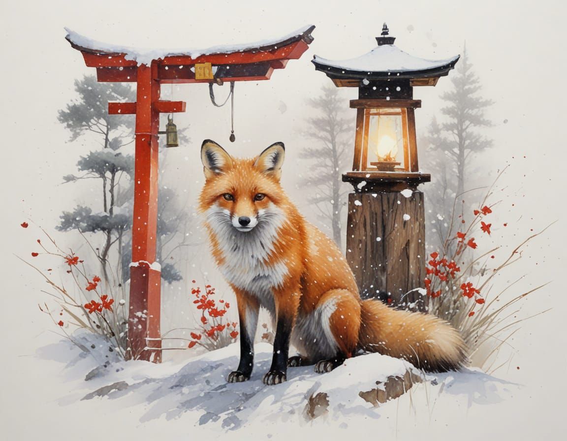 Red Fox Guards Sacred Shinto Shrine in Gentle Snowfall