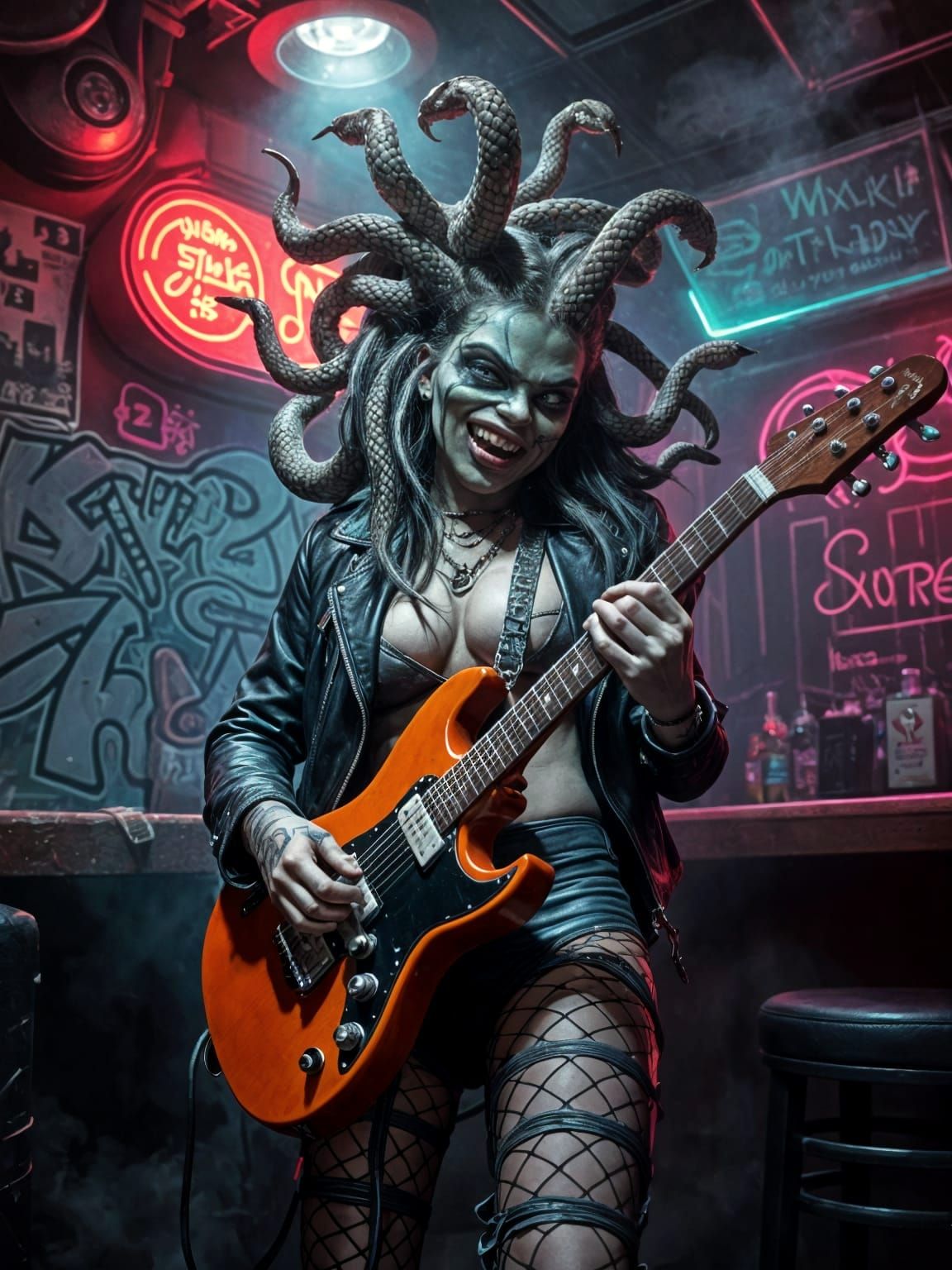 Punk Rock Medusa Shreds in Noir Comic Style