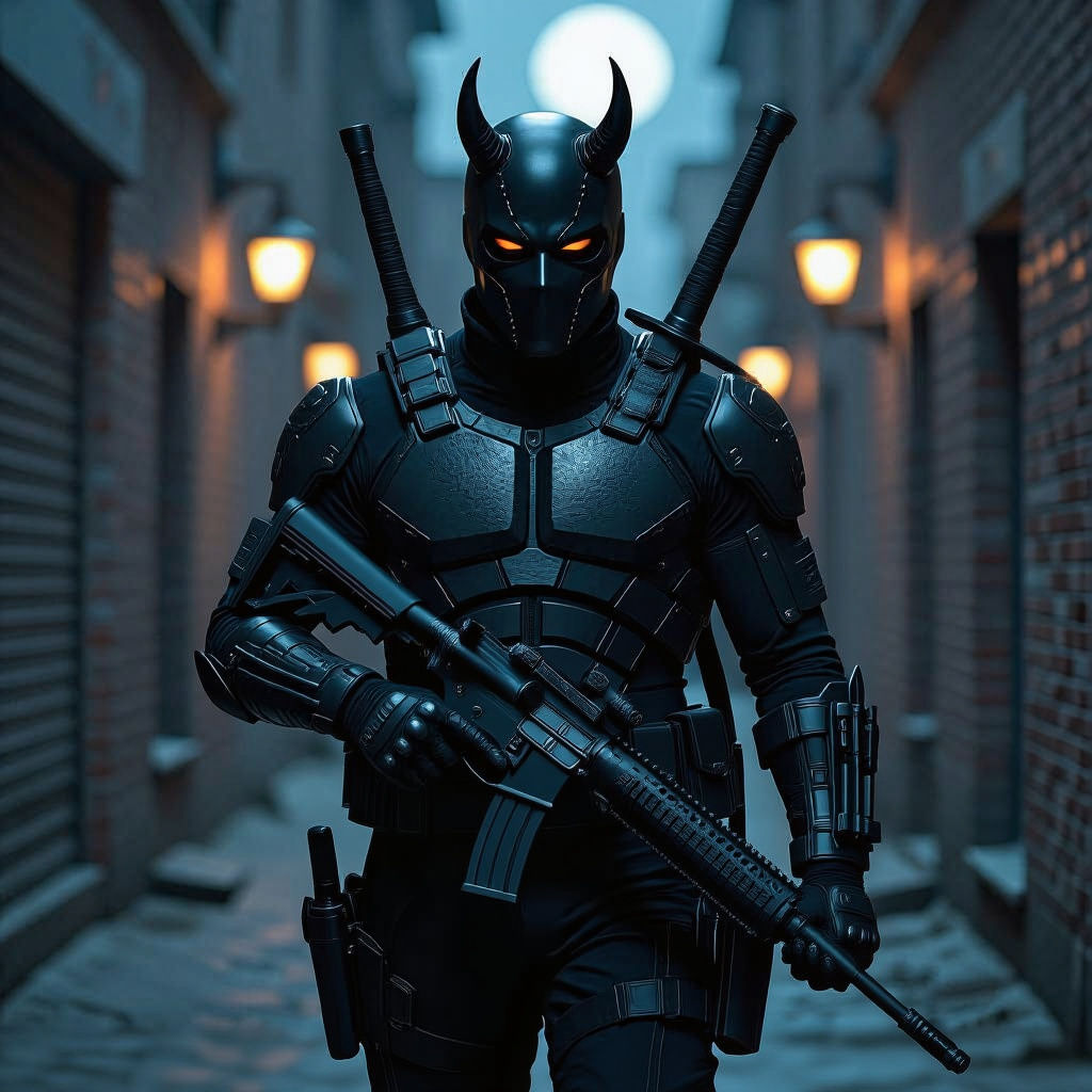 Sinister Armored Figure in Dark Alley