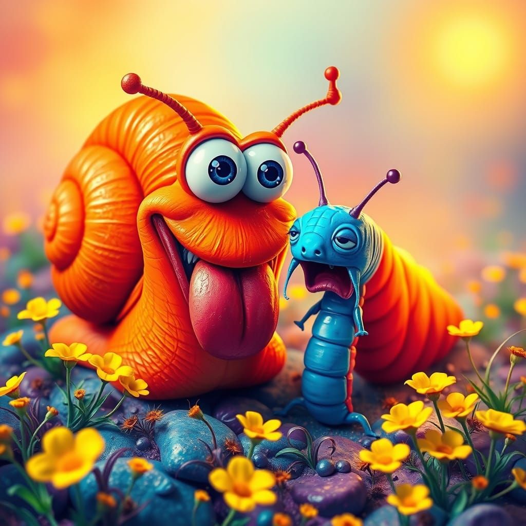 Vibrant Snail Gazes at Distressed Millipede in Whimsical Lan...