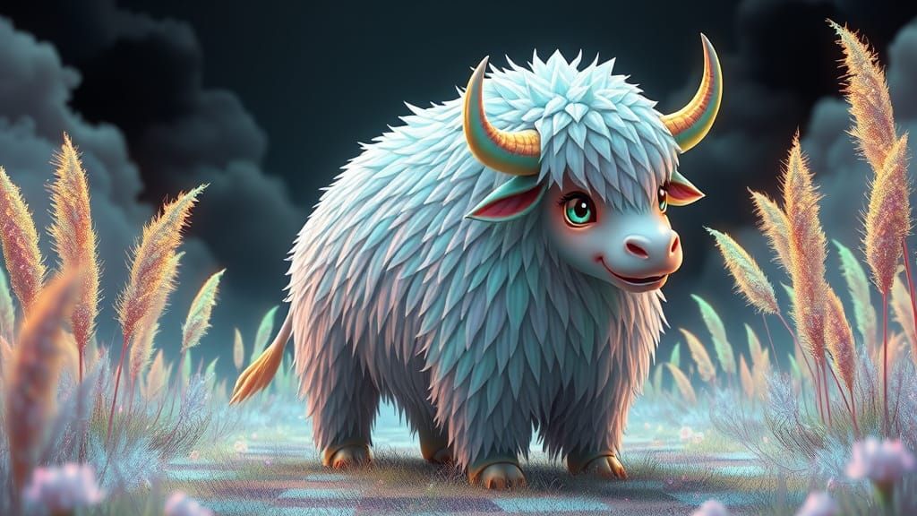 Chibi Musk Ox with Electrostatic Fur in Surreal Landscape
