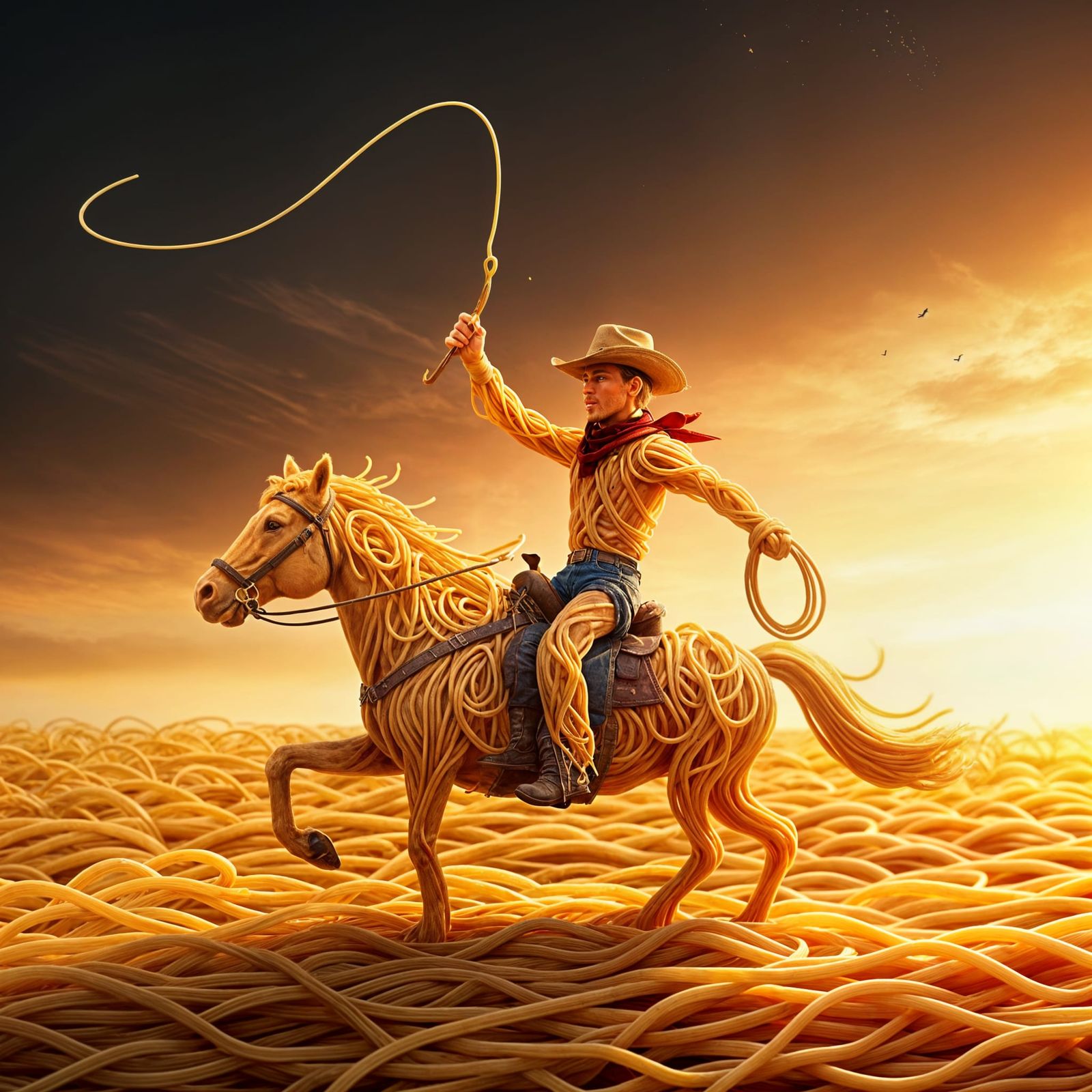 Cowboy Rides Spaghetti Horse in a Sea of Pasta