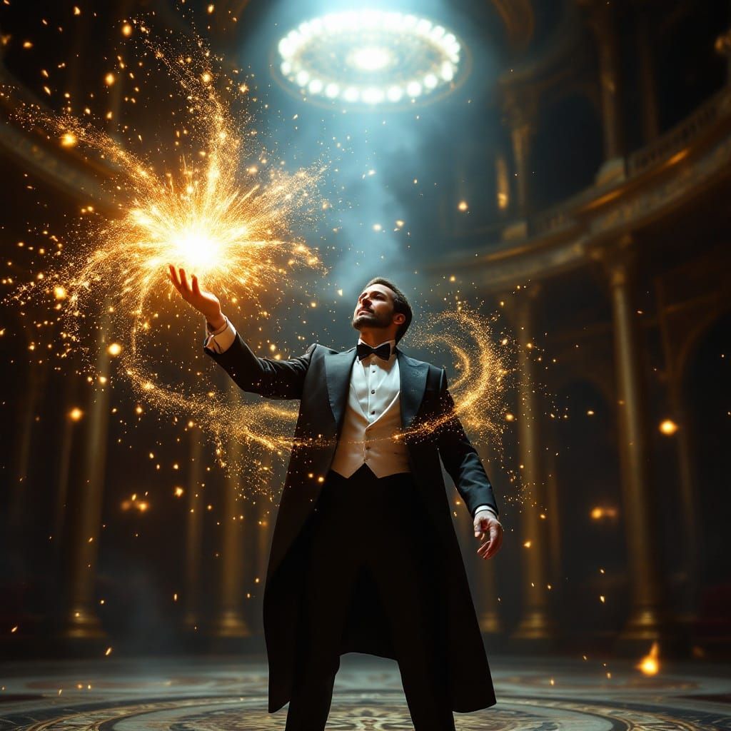 Magician on Stage with Golden Light and Sparks
