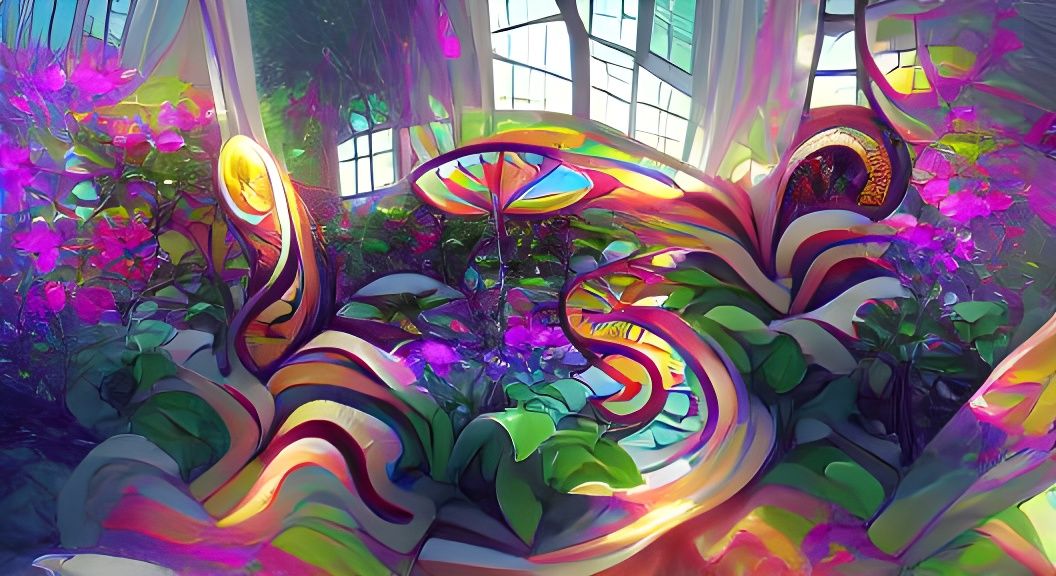 Vibrant Garden in Stained Glass Conservatory
