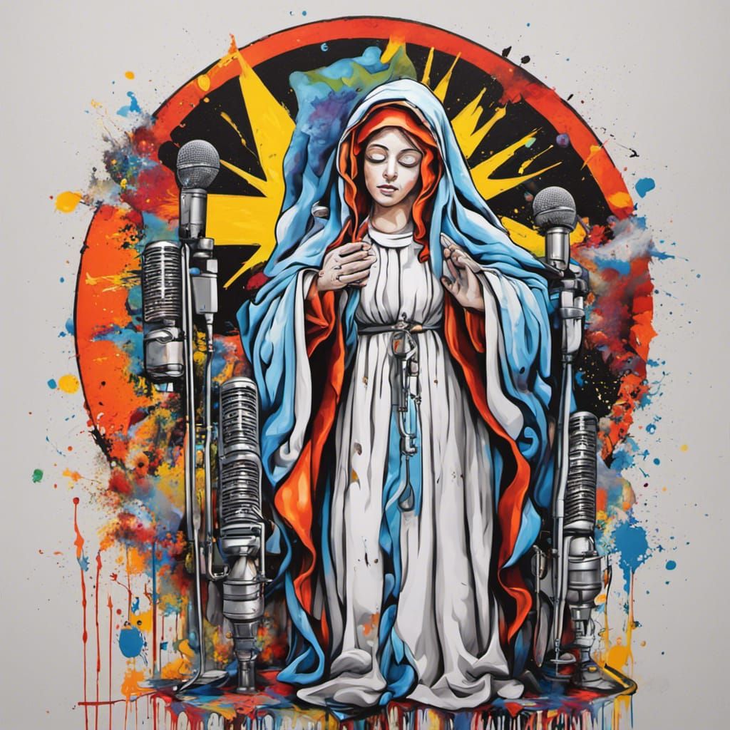 Virgin Mary with Sun and Moon Graffiti Art