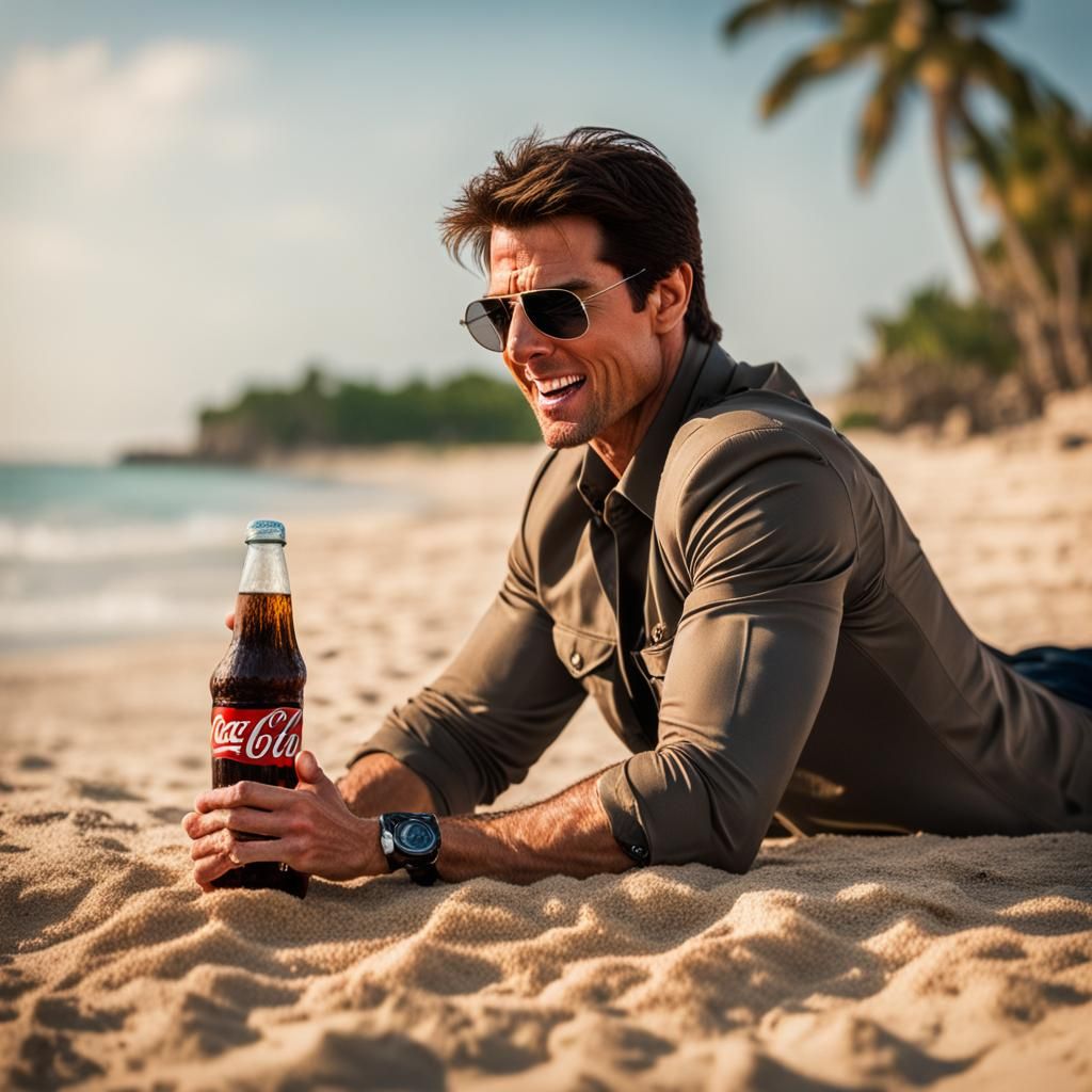 Tom Cruise Enjoying Cola on the Beach