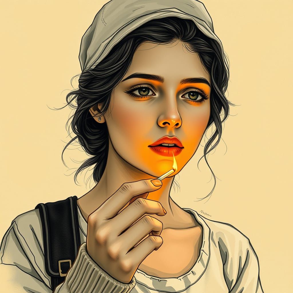Contemplative Woman with Match in Art Nouveau Style
