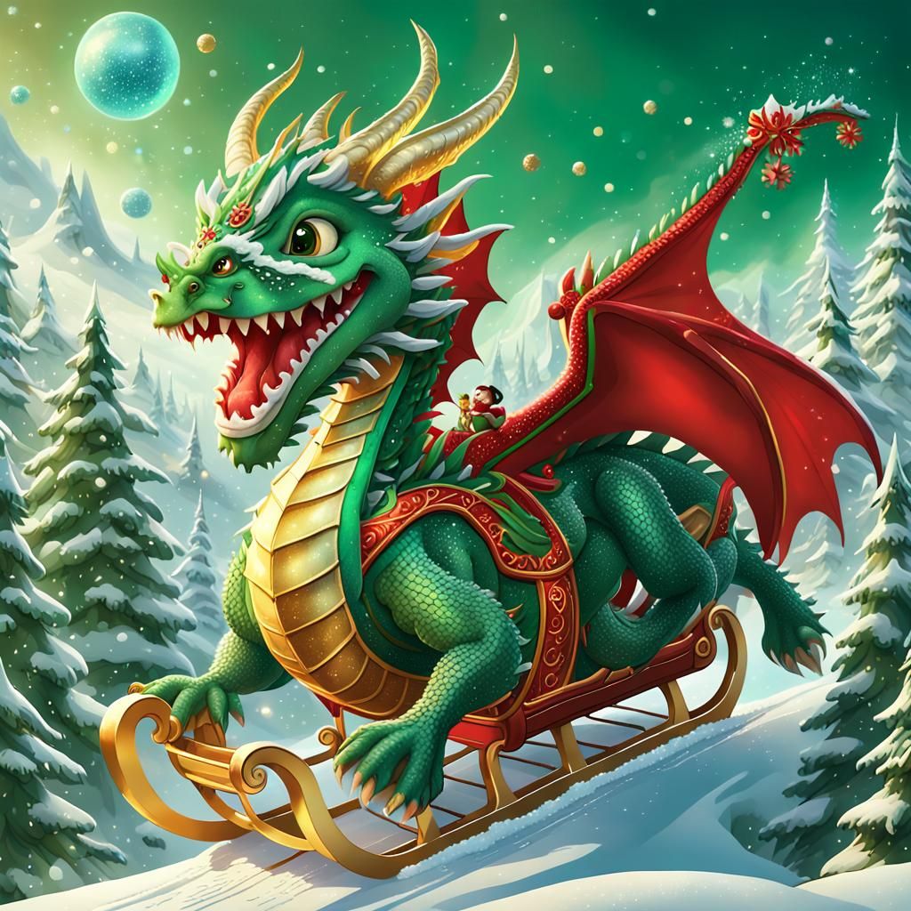 Festive Dragon Pulling Sleigh in Winter Wonderland