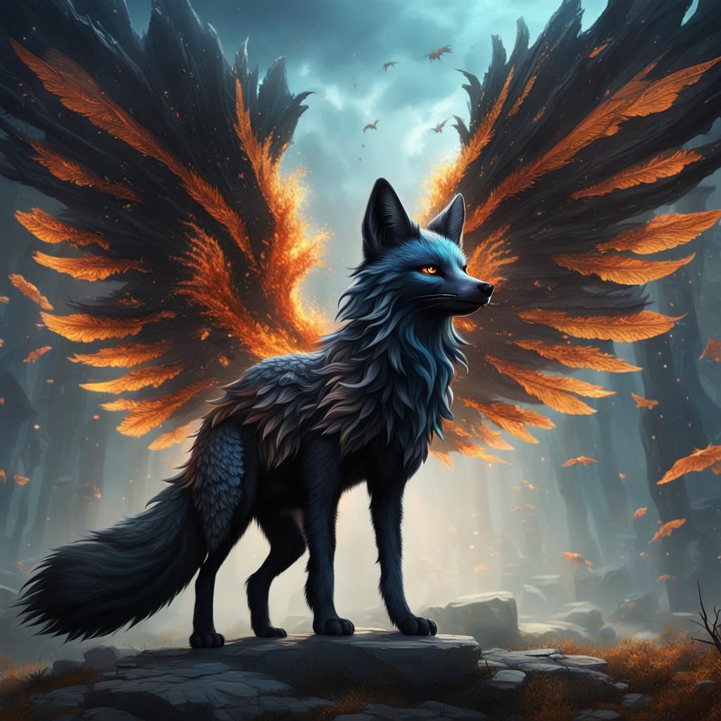 Winged Black Fox: Detailed Fantasy Art