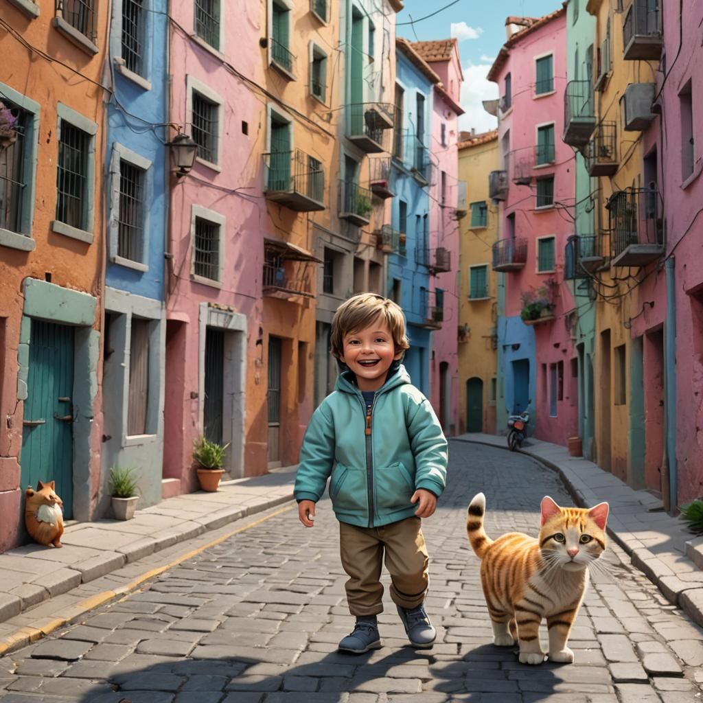 Boy and Kitten Embrace in Pastel 3D Illustration