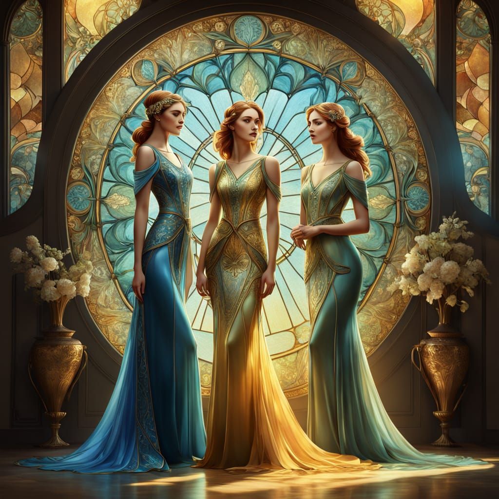 Elegant Women in Art Nouveau Stained Glass Splendor