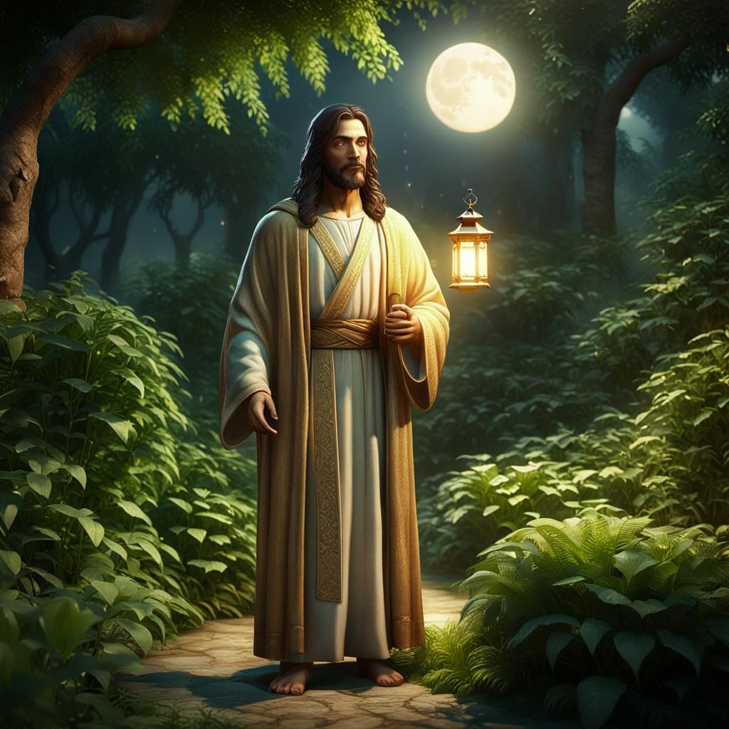 Jesus in Serene Garden with Lantern: 3D Rendering