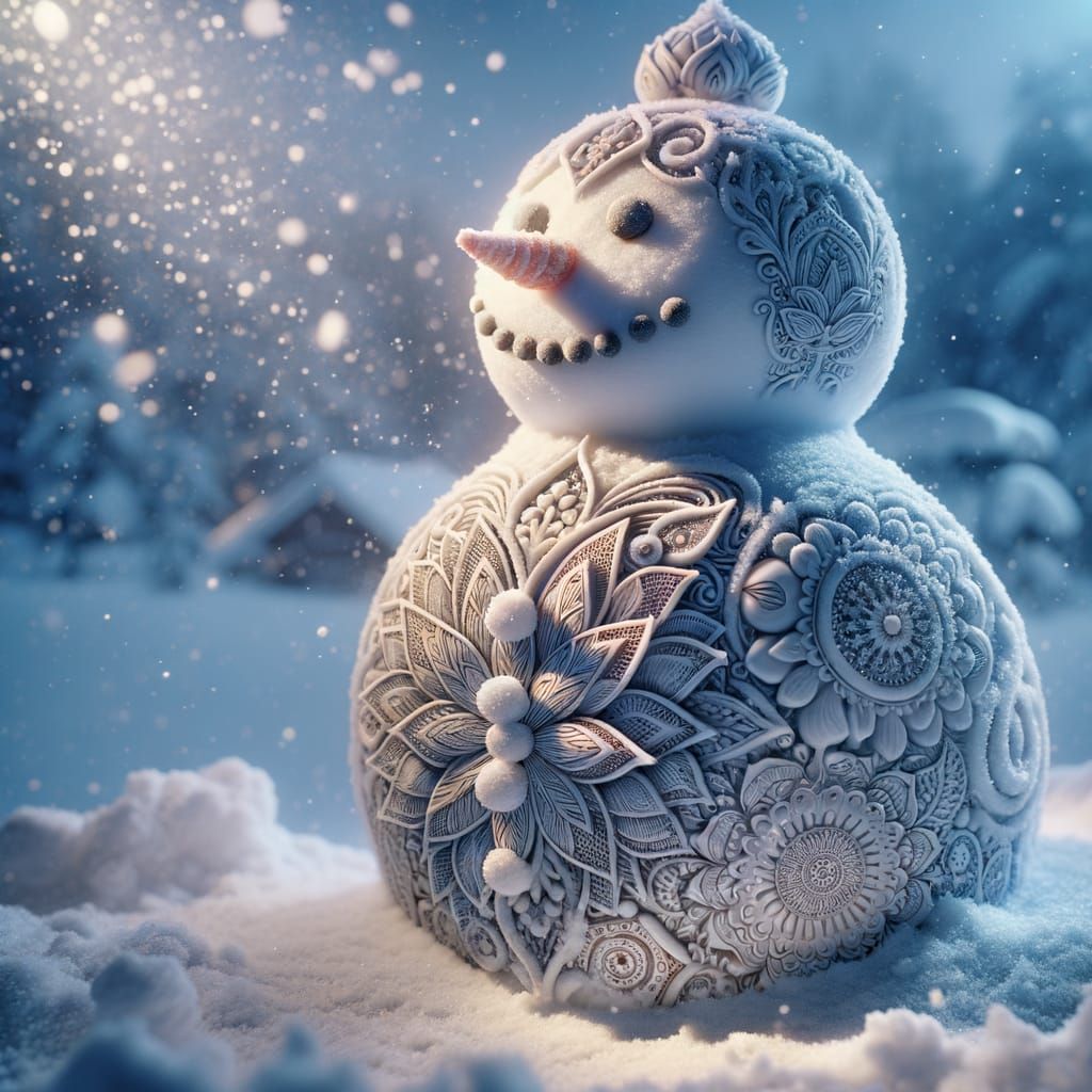 Realistic Snowman with Elegant Lotus Patterns in Winter Wond...