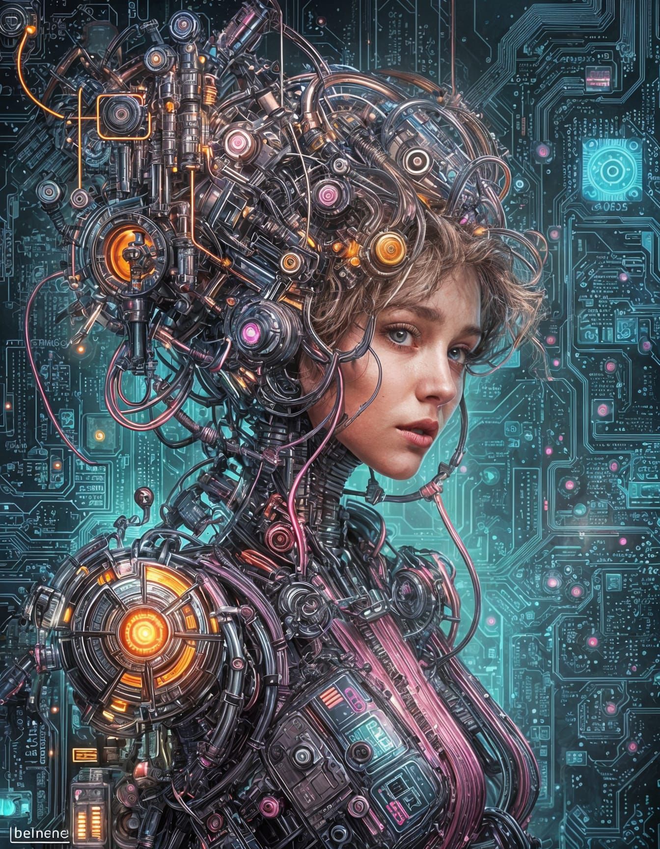 Cybernetic Robot Woman with Circuit Face in Noir Style