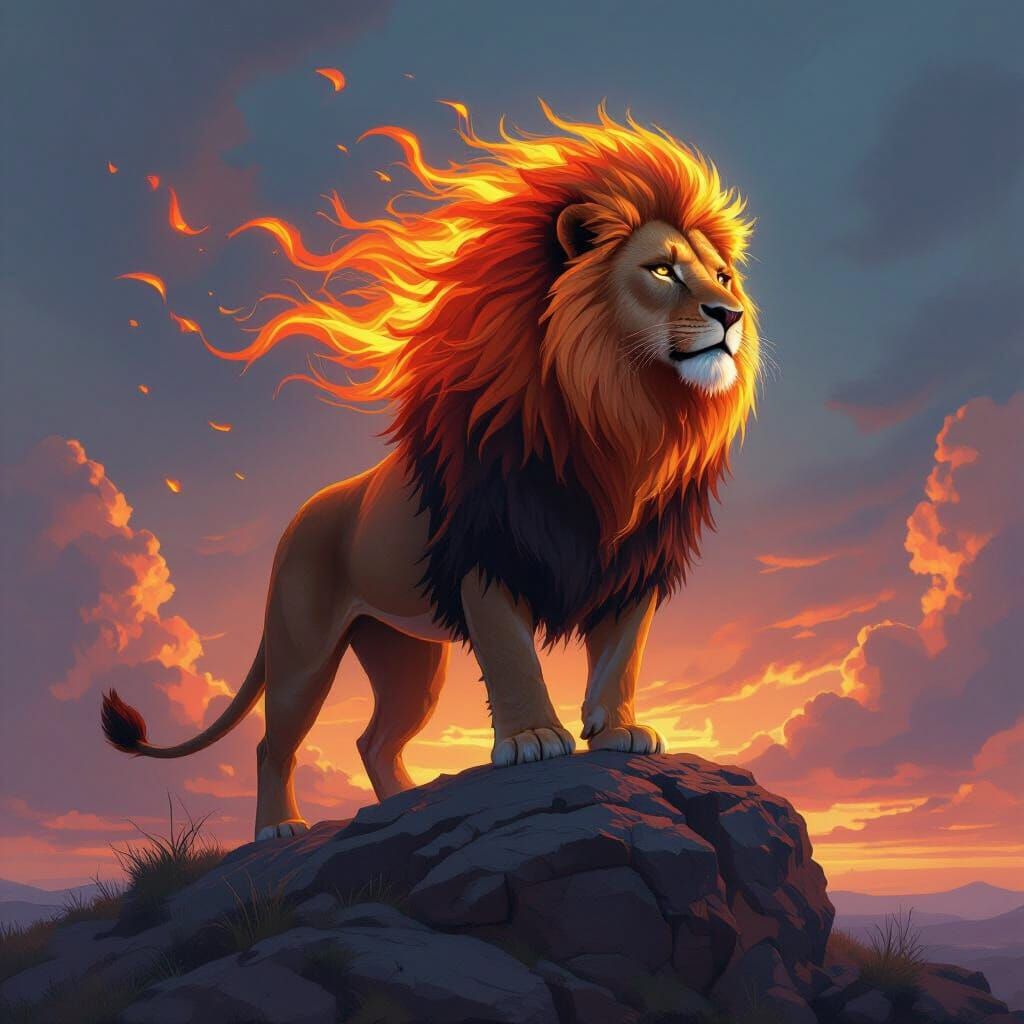 Fiery Lion on Rocky Outcrop in Surreal Style