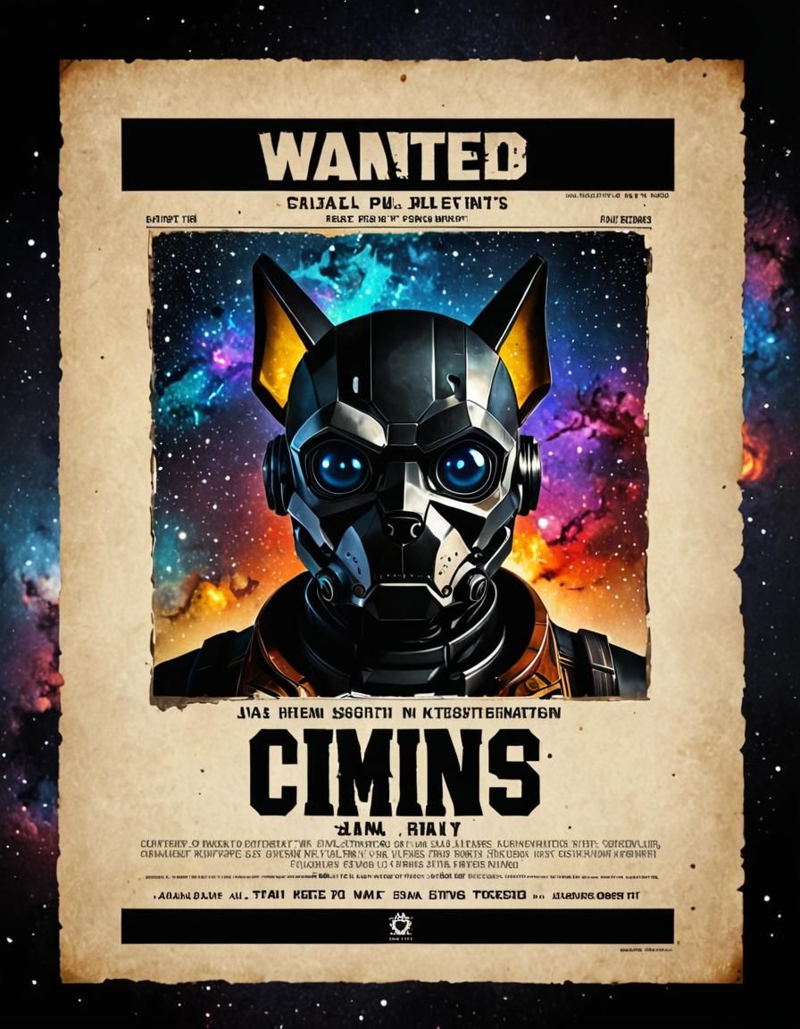 Chibi Robot Puppy Pirate Wanted Poster in Abstract Style