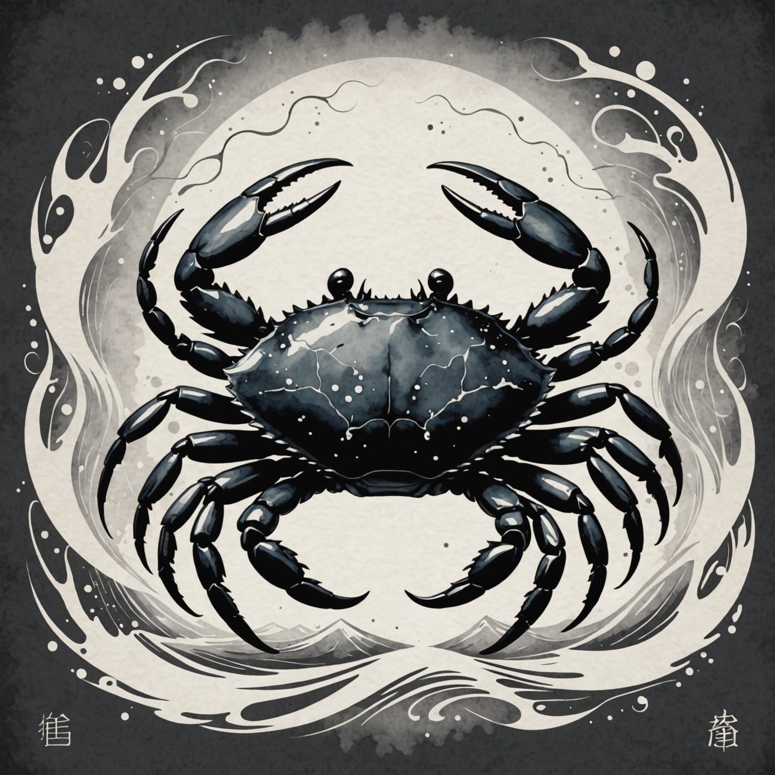 Cancer Zodiac Symbol in Delicate Ink Wave Pattern