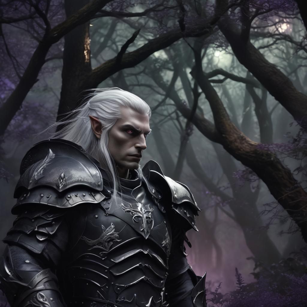 Dark Elf Knight in Mystical Forest, Renaissance-Inspired
