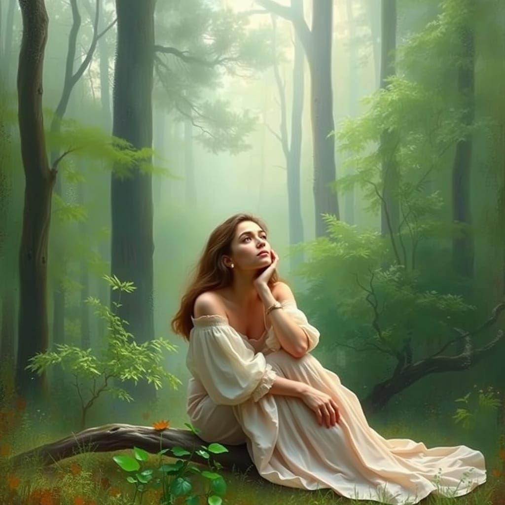 Serene Woman in Misty Forest Landscape, in Impressionist Sty...