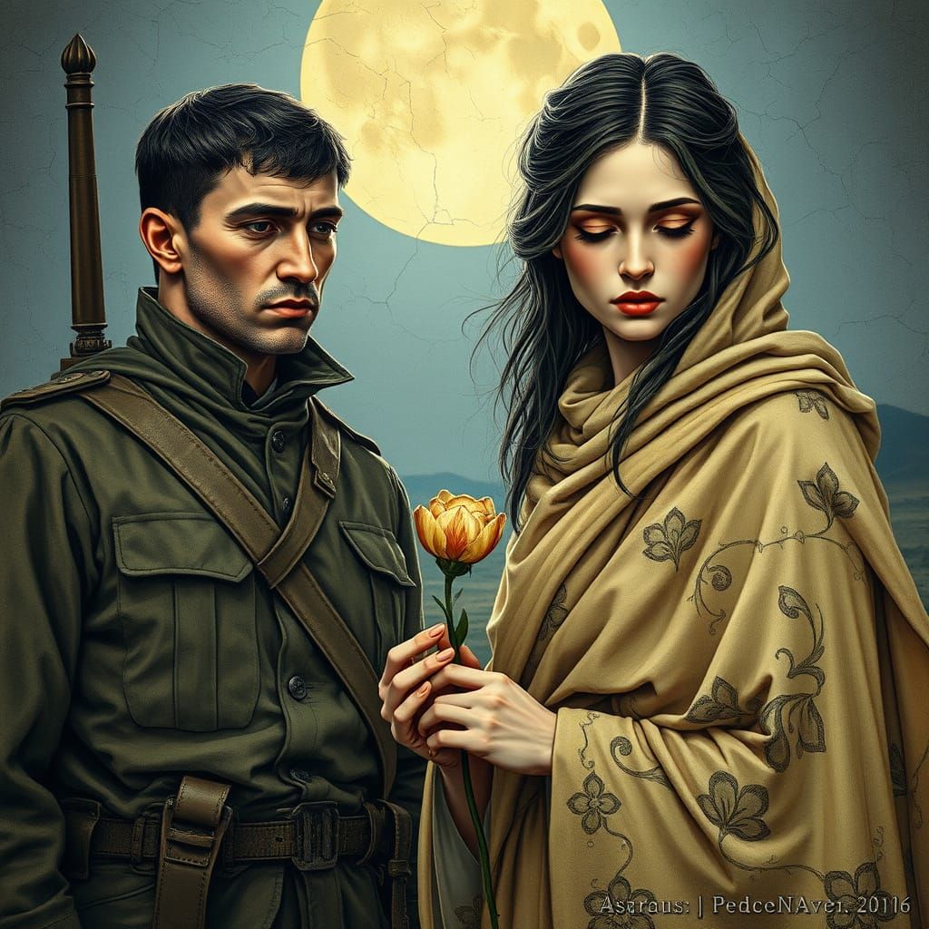 A Soldier and a Woman Stand Amidst a Desolate, Moonlit Lands...