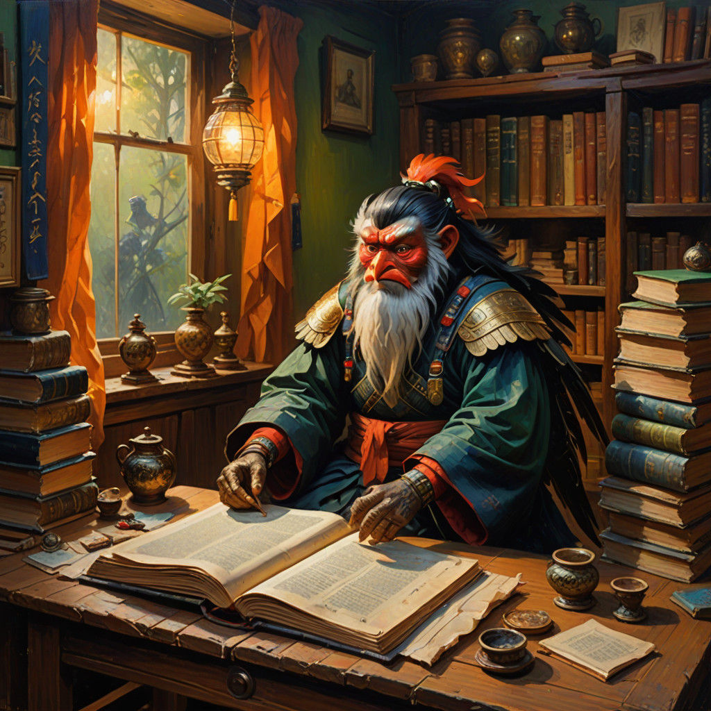 Enigmatic Scholar Tengu in Warm Study Atmosphere