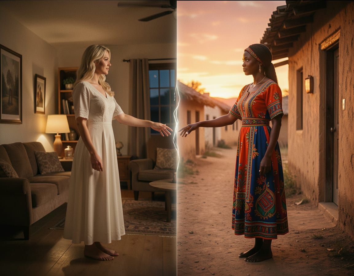 Cinematic Split Image: Women Reaching Across Reality
