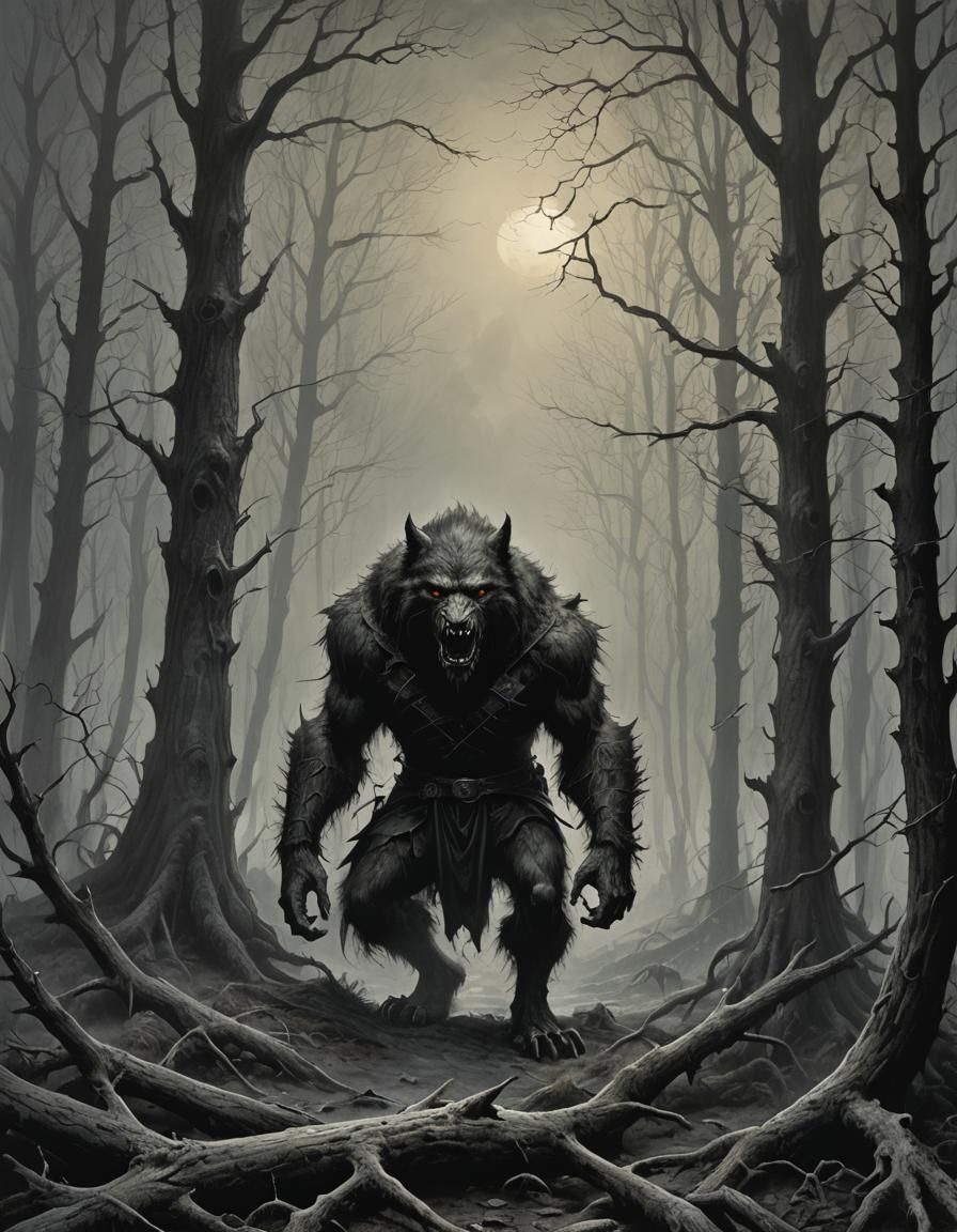 Gothic Horror Werewolf in Foggy Forest