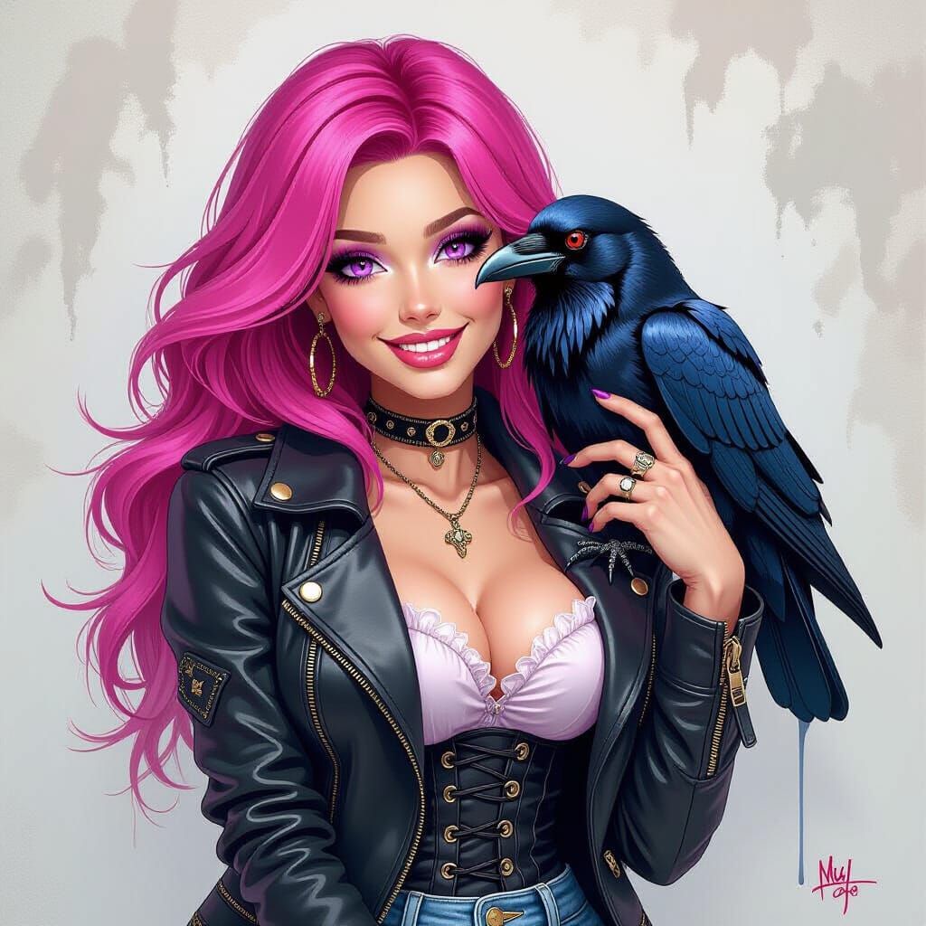 Gothic Woman Cuddles Raven in Alcohol Ink Style
