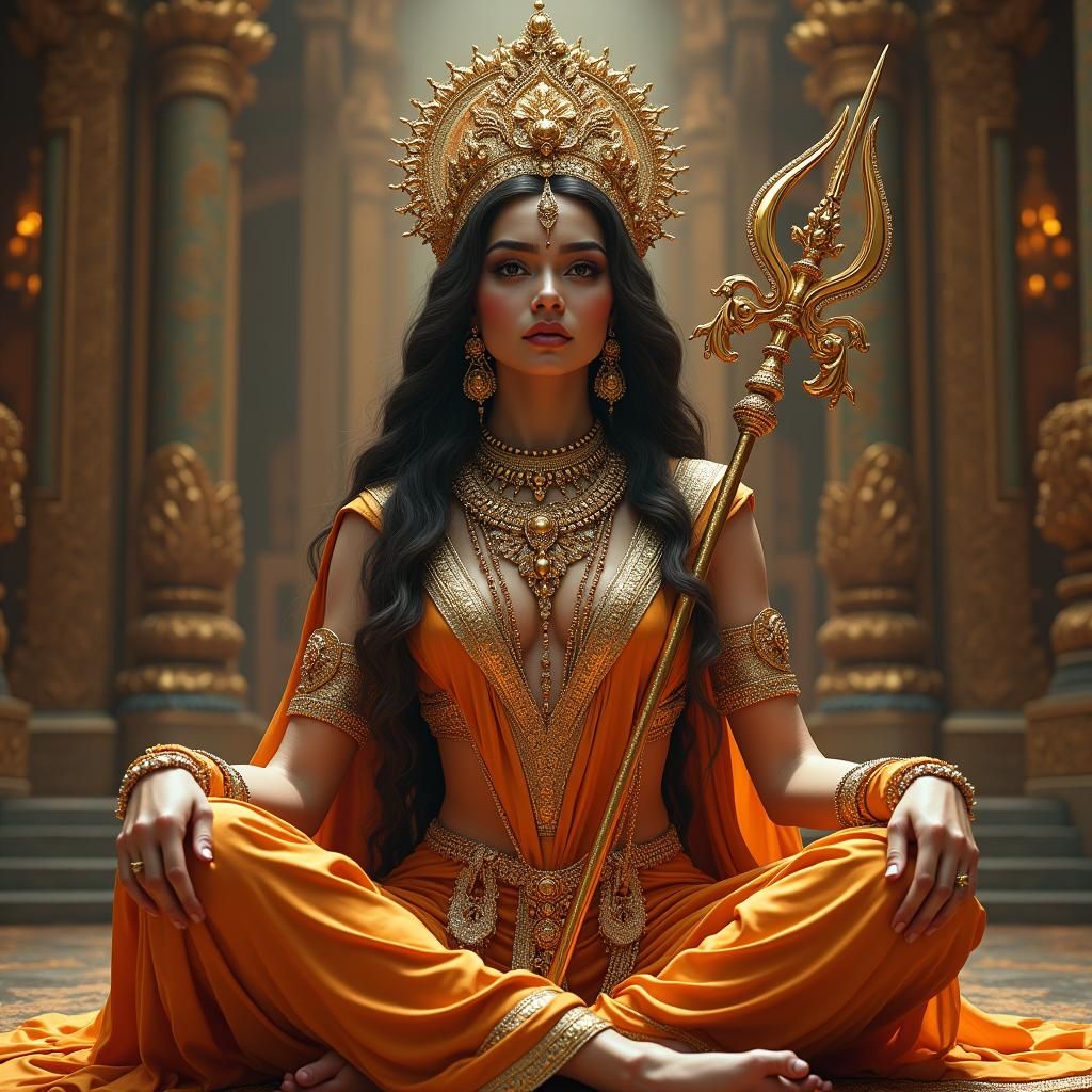 Durga Portrait in Ornate Temple Hall, Hyperrealistic Style