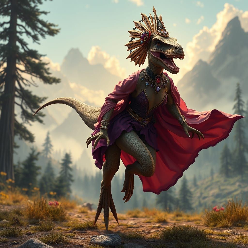 Elegantly Dressed Velociraptor Lady Model in a Prehistoric L...