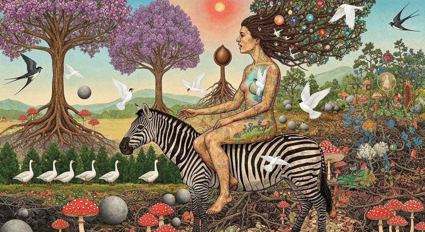 Goddess of Life Rides Zebra Through Cosmic Surreal Landscape