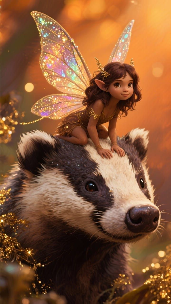 Brown-Skinned Fairy with Glitter Wings on Badger