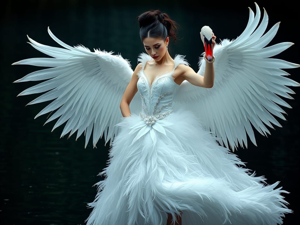 Vampire Woman in Feather Dress Dances with Black Swan