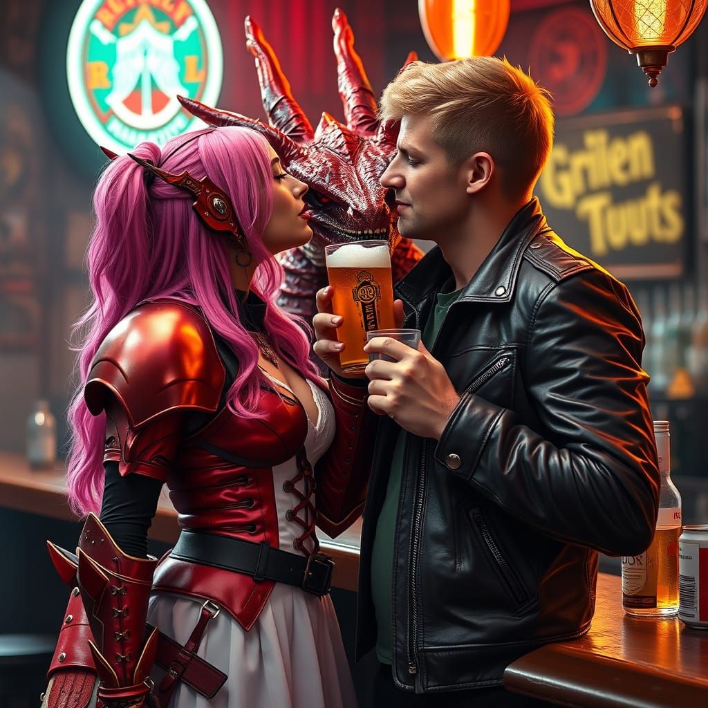 Goth Goddess Kissing Barmaid in Photorealistic Style