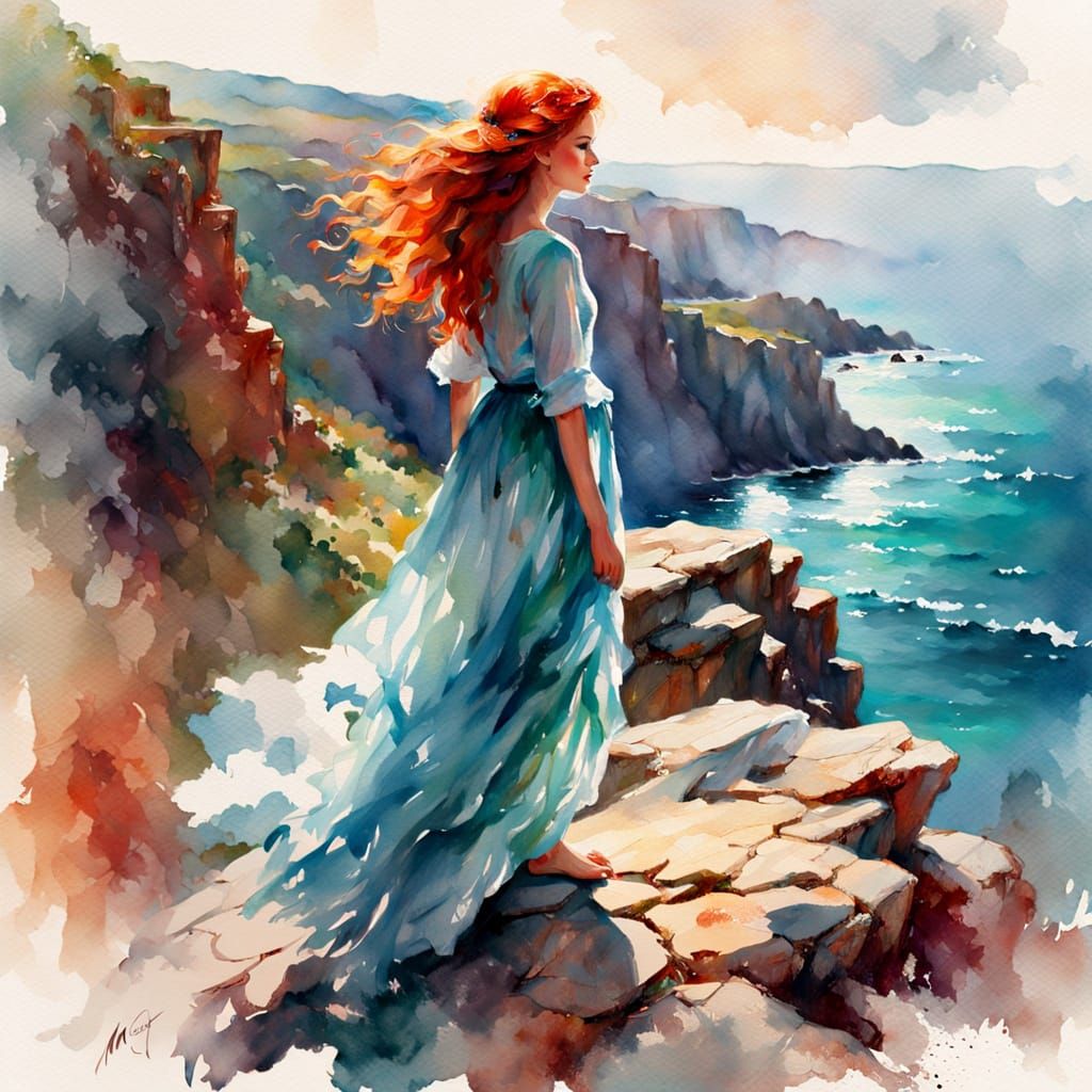Ethereal Teen Singer on Cliff in Watercolor Style