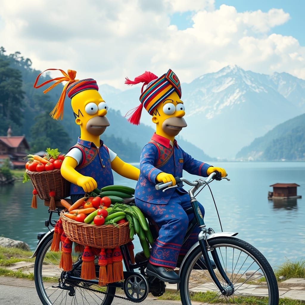 Homer and Marge Simpson in Vibrant Nepali Bike Ride with Veg...