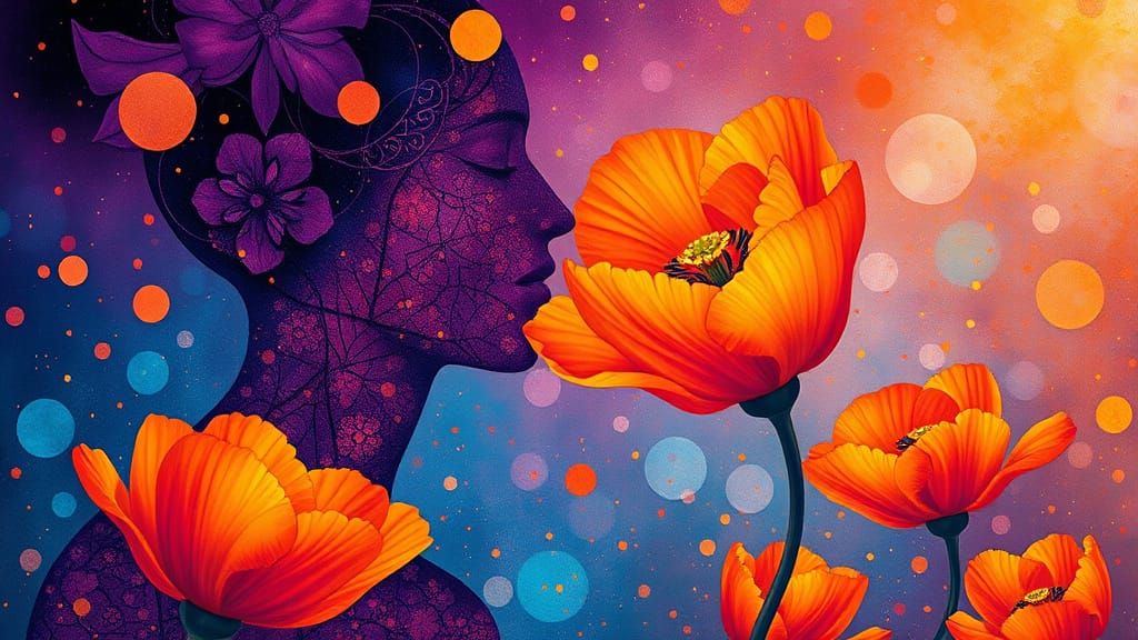 Ethereal Gentleman in Vibrant Purple & Orange, Surrounded by...