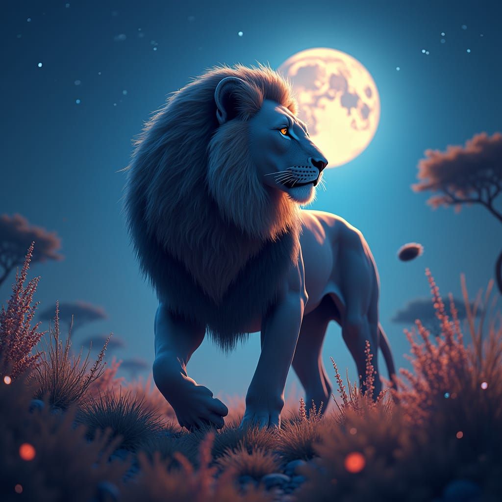 Mystical Moonlit Lion in Dreamscape Savannah