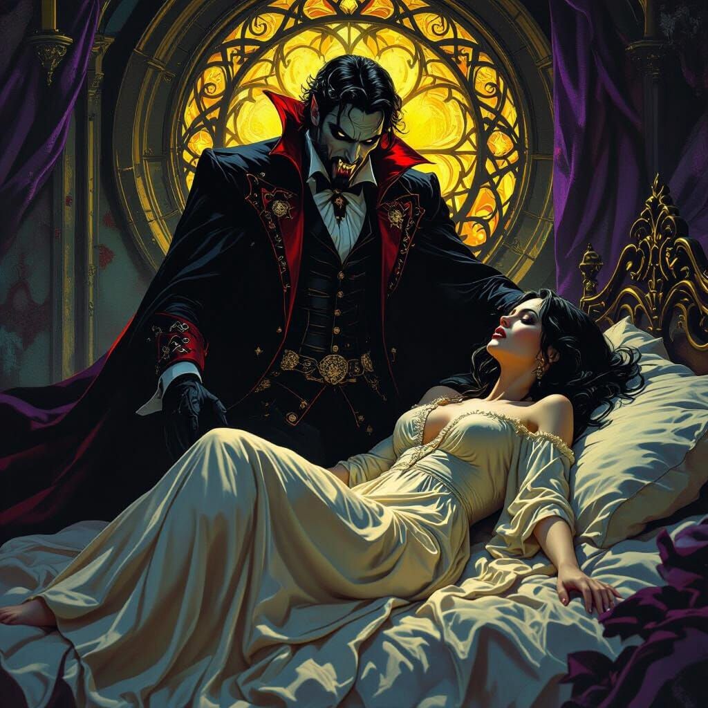 Vampire Beside Sleeping Woman, Dark Fantasy Art