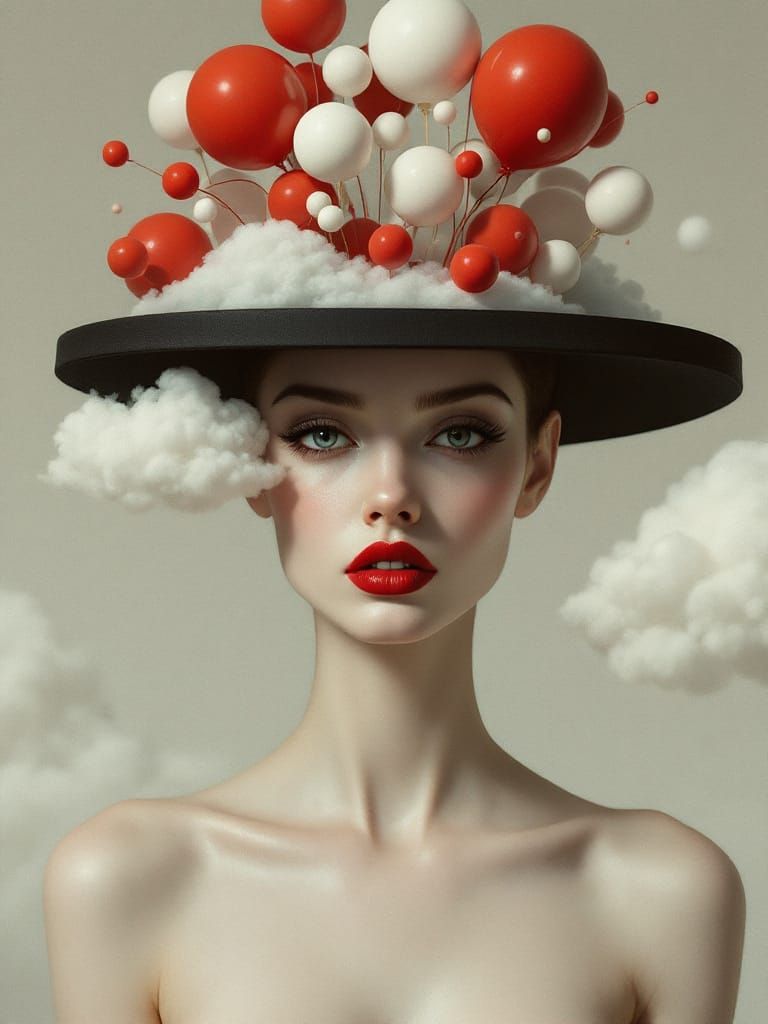 Surreal Portrait of Woman with Floating Objects on Hat