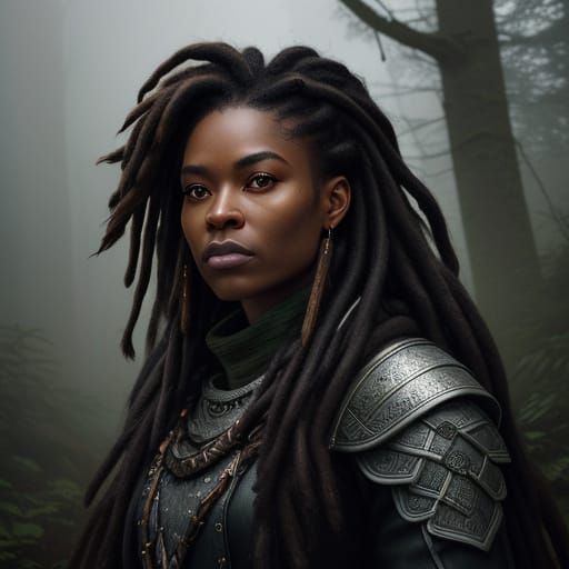 Ebony Viking Warrior in Misty Forest Landscape