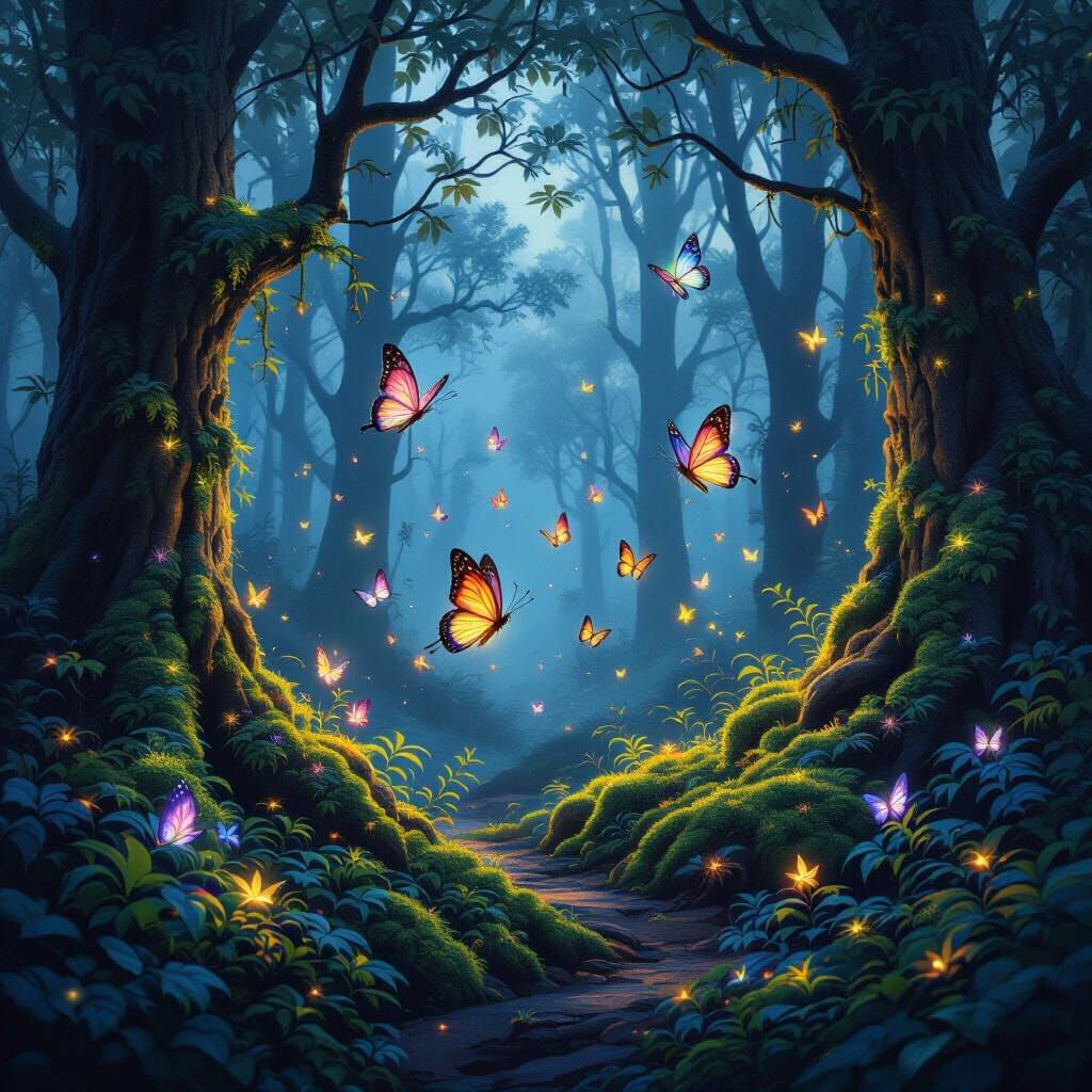 Bioluminescent Butterflies Dance in Ancient Forest at Twilig...