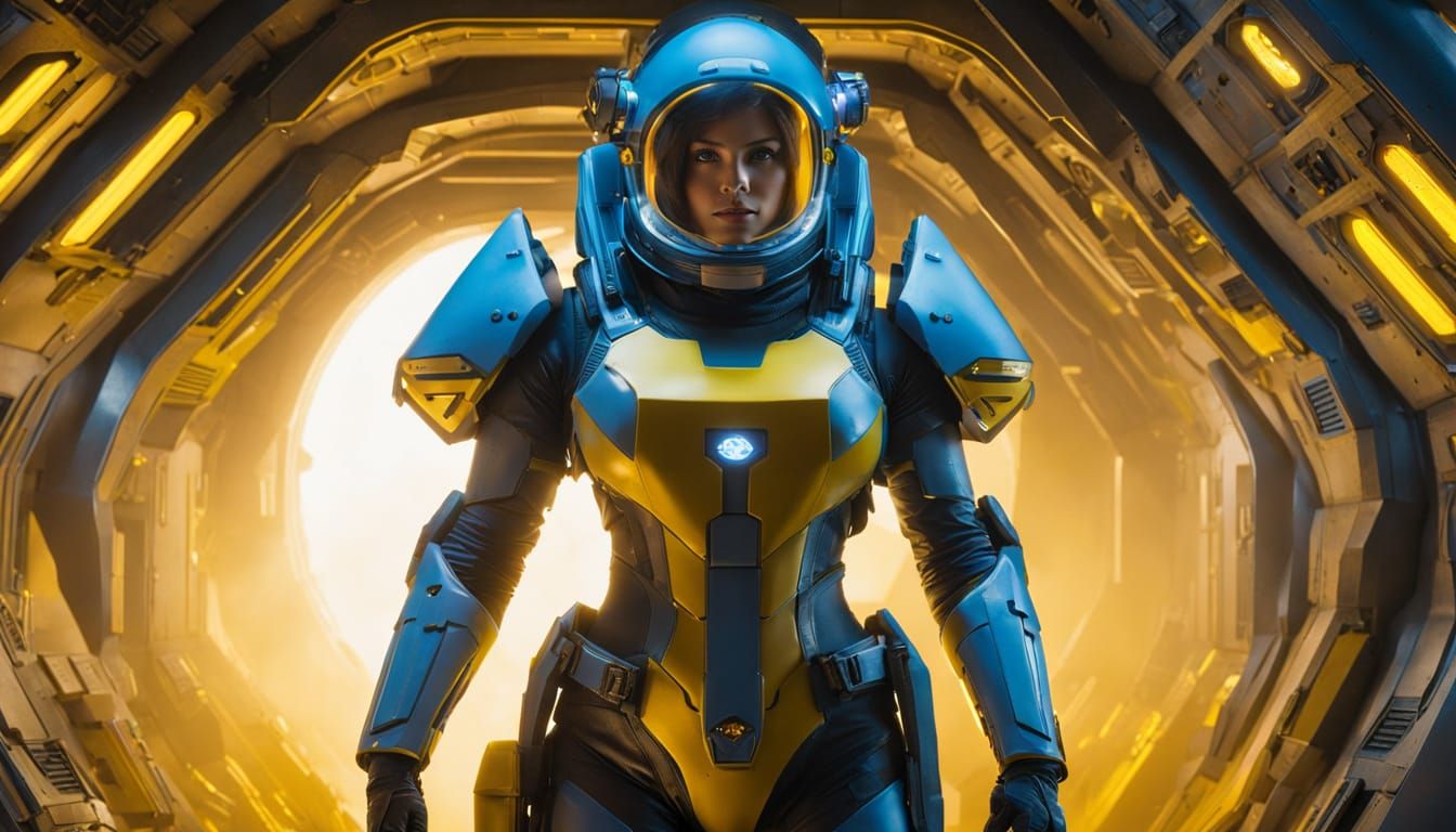 Woman in High-Tech Armor Leans on Starship