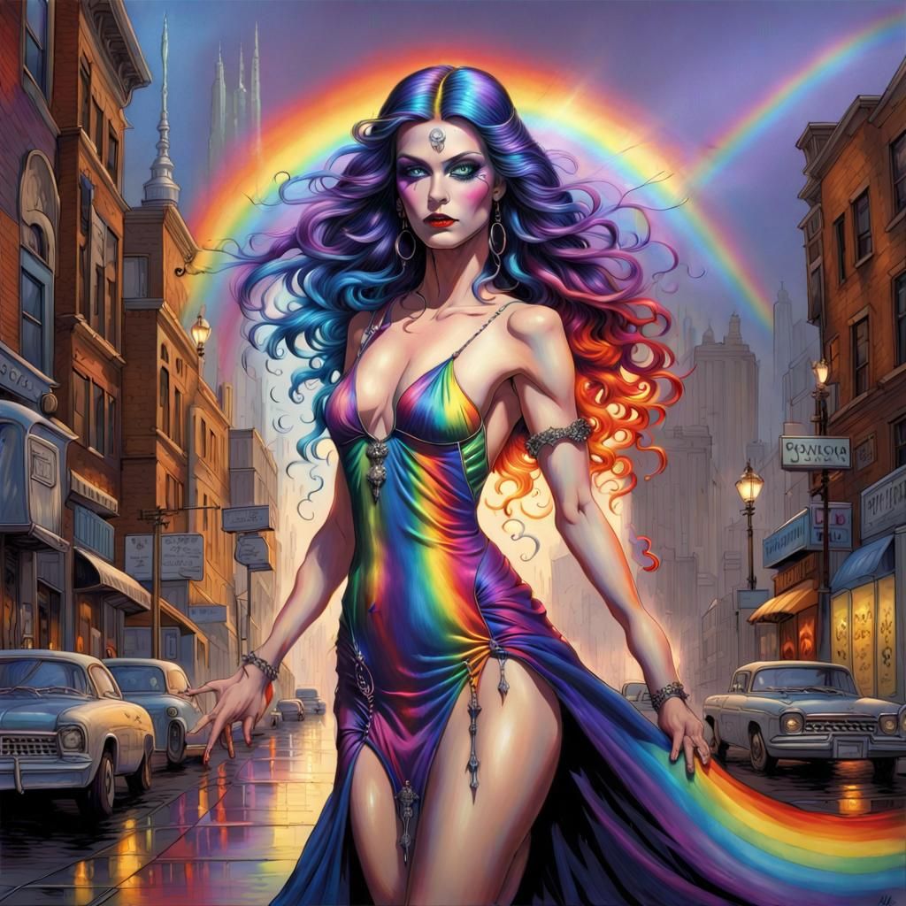 Gothic Rainbow Goddess in City Street