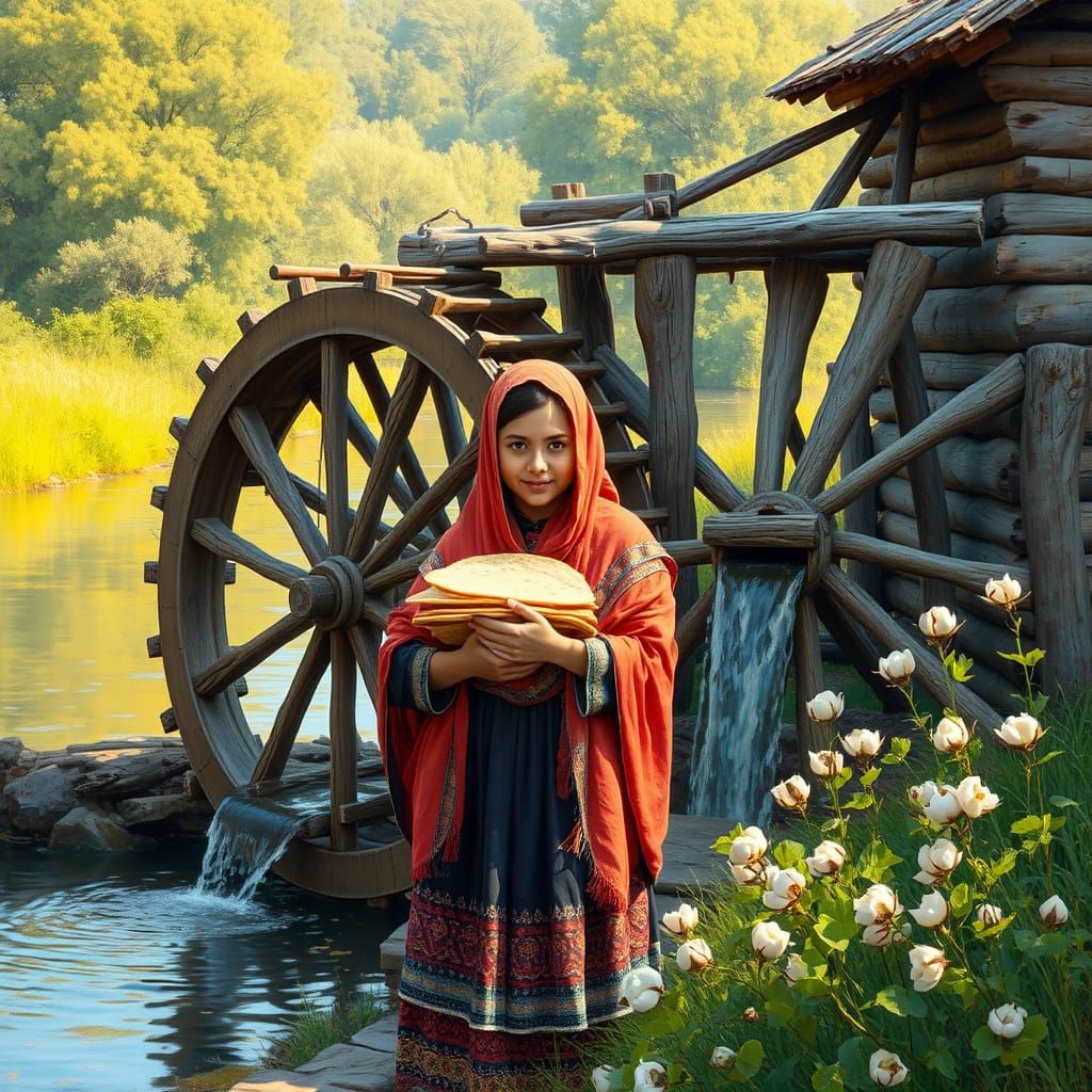 Uzbek Girl Beside Water Wheel on Tranquil Riverbank in Earth...