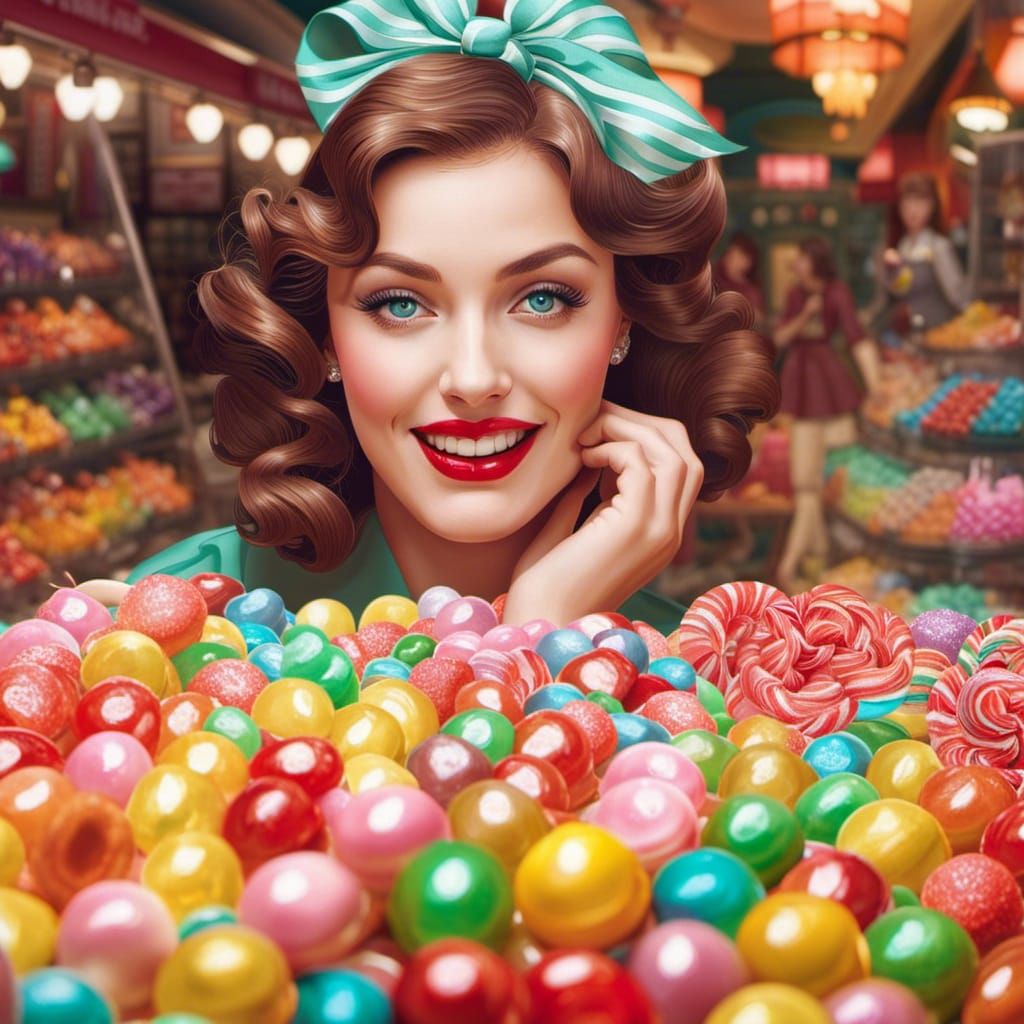 1950s Woman's Whimsical Candy Shop Adventure