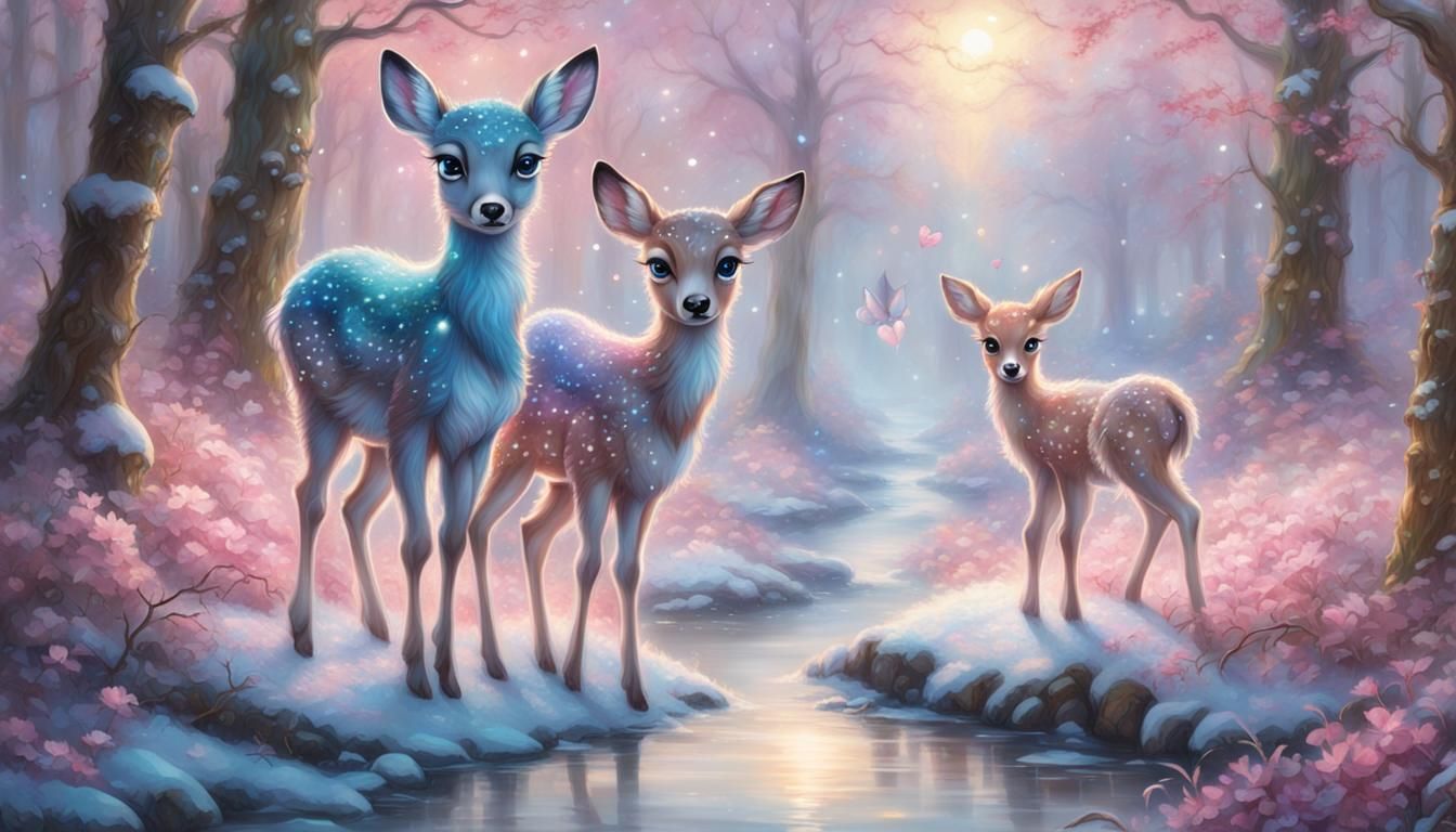 cute pink blue fawns chibi, big sparkly eyes snowy white diamond hearts ethereal fantasy hyperdetailed mist Thomas Kinka...