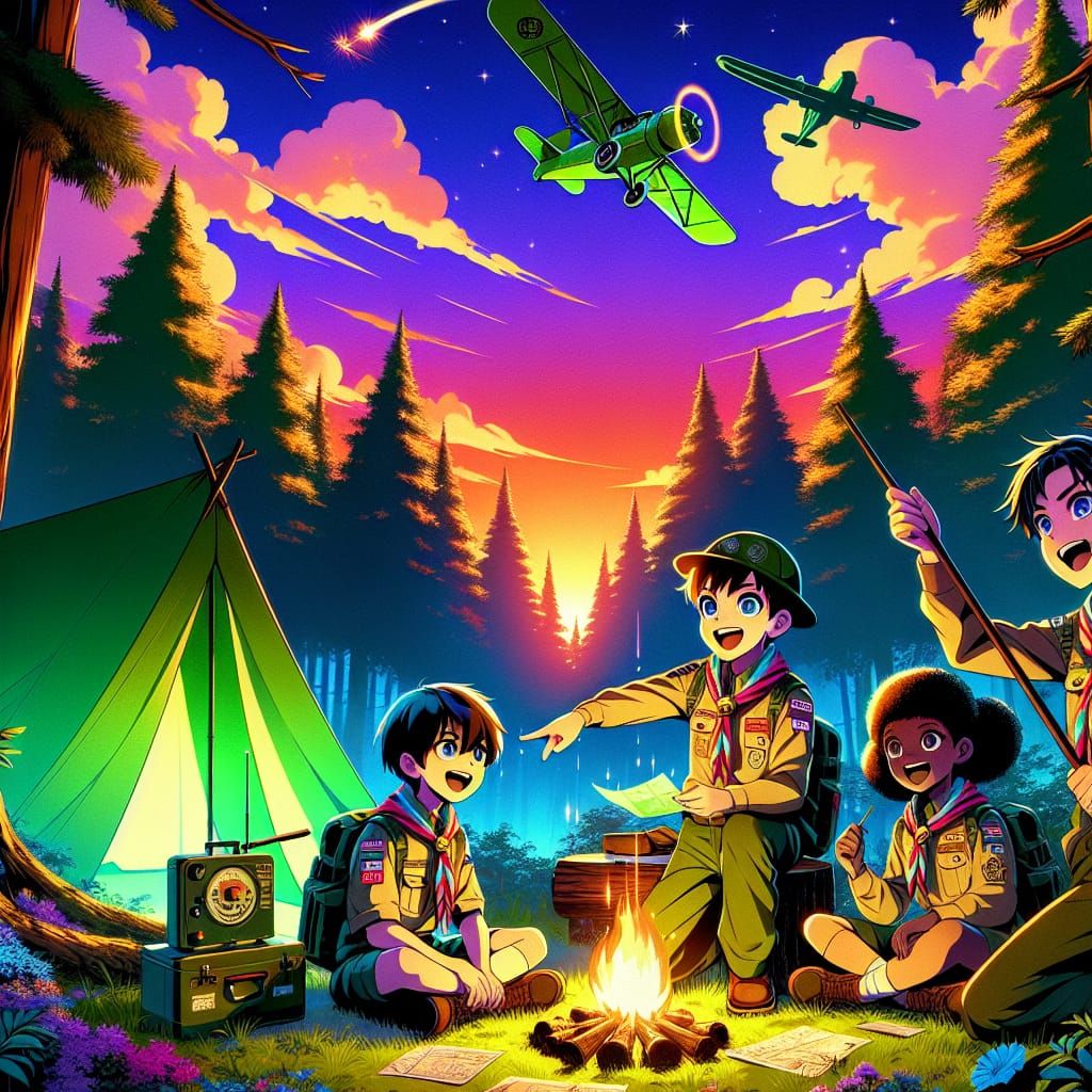 Anime Scouts Camp Poster: Sunset Forest Adventure