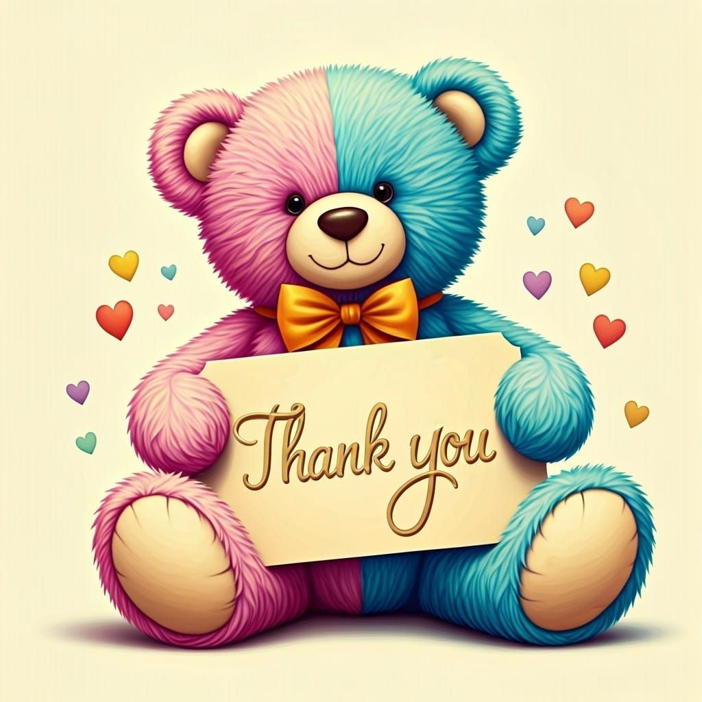 Pastel Teddy Bear Holds Thank You Sign